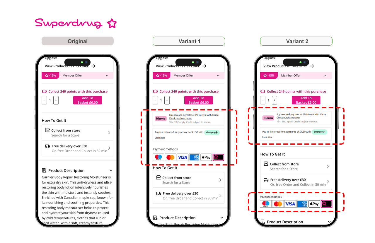 Superdrug product page, original beside variants one and two, with the payment options moved