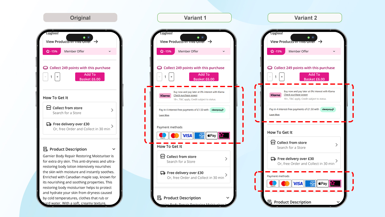 Superdrug product page on three phones, the original beside variants one and two, with the payment options highlighted