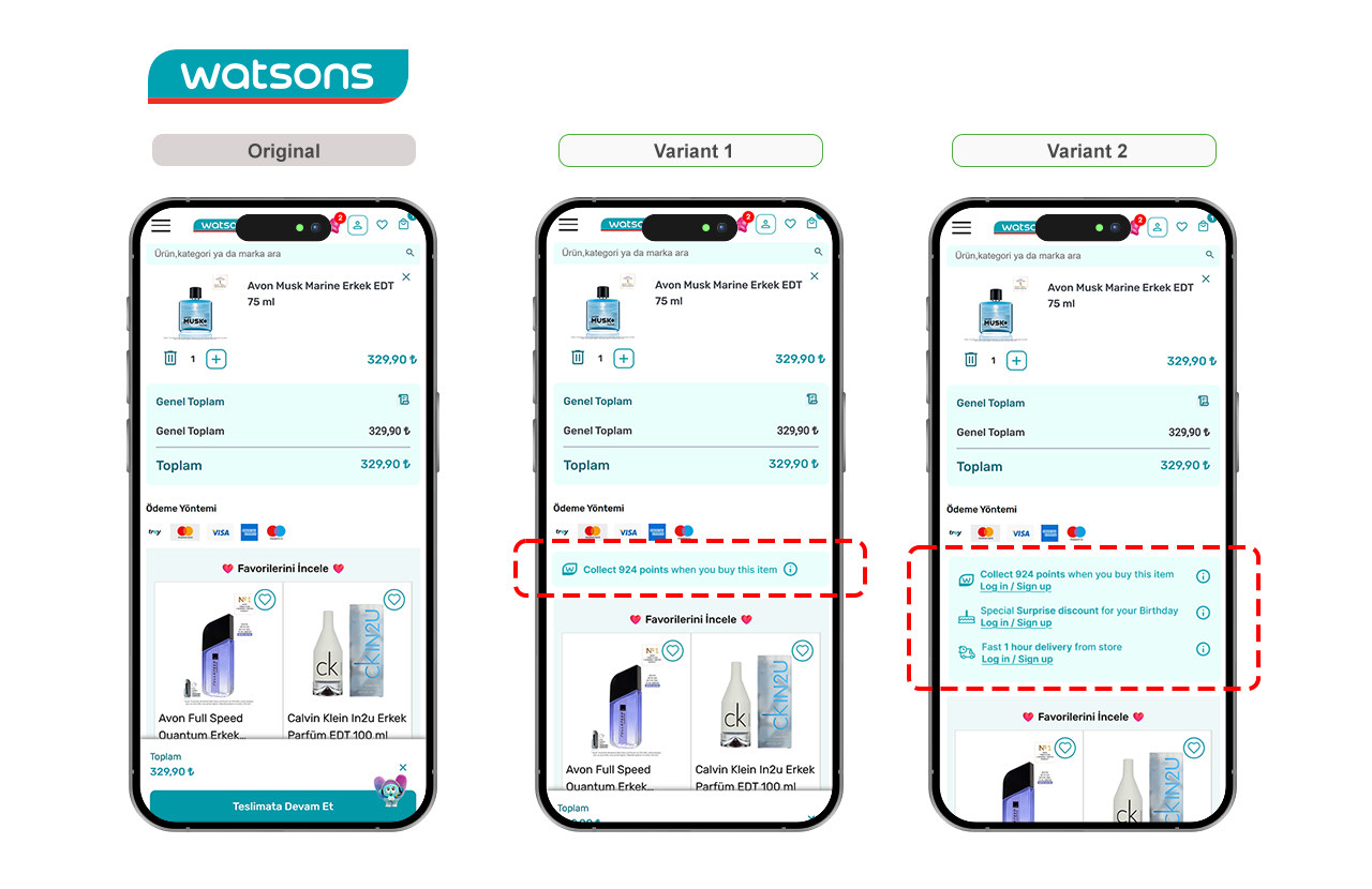Watsons checkout, original beside variants one and two, with points messaging added