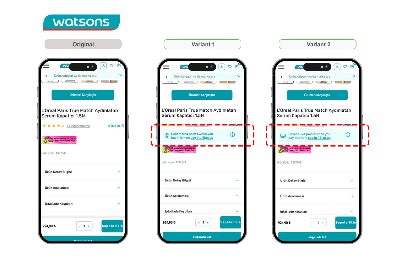 Watsons product page, original beside variants one and two, with points messaging added